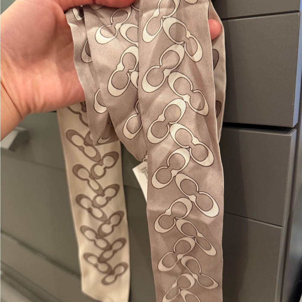 Coach Taupe & Cream Signature Link Silk Scarf Wrap